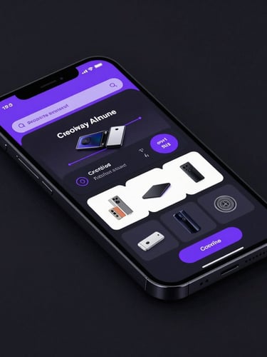 Crisp screenshot of a responsive digital storefront on a mobile device, dark-mode interface with violet accents, sharp focus, low-key lighting