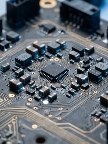 Macro photography of a ruggedized printed circuit board with clean solder joints and copper traces, cool blue laboratory LED lighting, sharp shadows, technical elevation