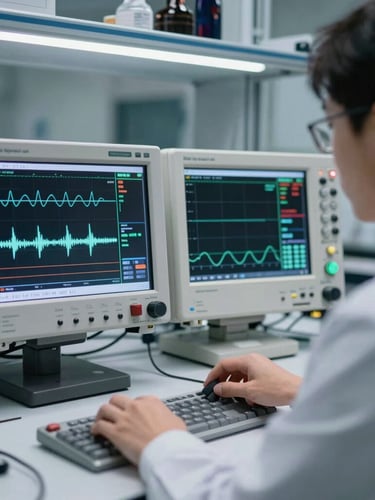 A clean laboratory environment with an engineer analyzing real-time diagnostic waveforms on an oscilloscope screen, cool white LED lighting, sharp technical focus