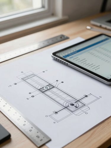 Macro shot of a clean technical workspace with a physical workflow diagram, architectural ruler, and a tablet displaying a clean data dashboard under natural window light.