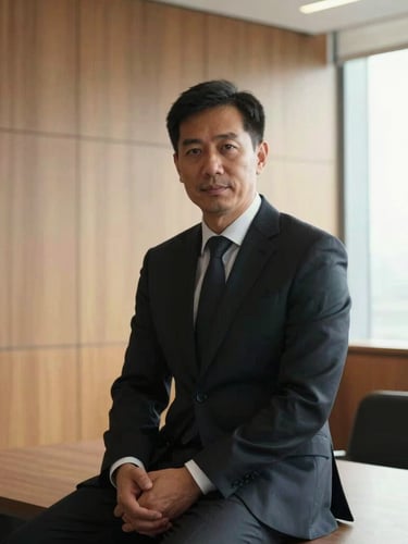 A high-contrast professional portrait of a male operations executive in his 40s, dark suit, no tie, sitting in a modern warm-toned architectural office, natural window light from the side, clean composition.
