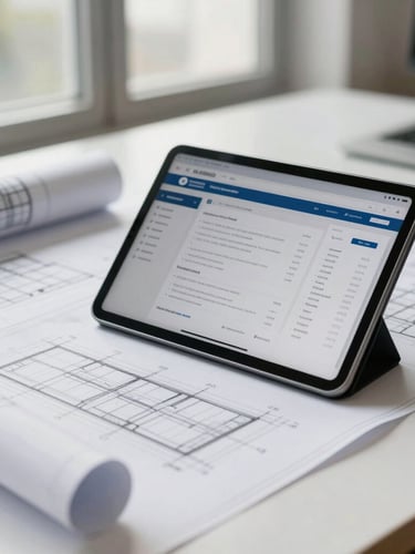 A close-up of a clean, modern workspace with architectural blueprints and a tablet showing a clean business dashboard under natural morning window light.