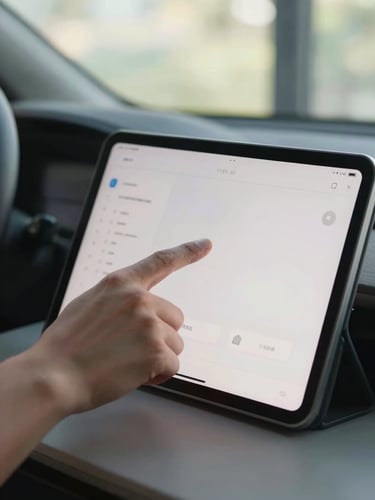 Macro shot of hands pointing at a clean dashboard interface on a physical tablet screen, natural morning light through a window, premium workspace environment.