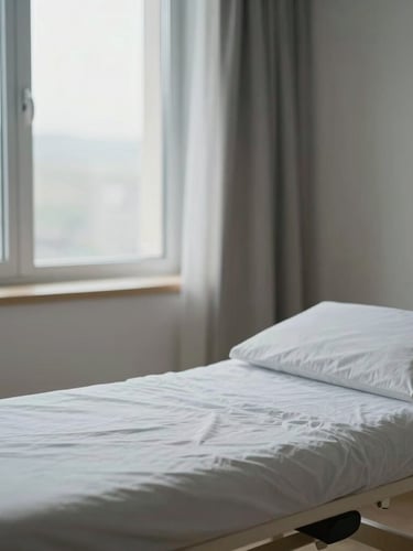 A peaceful, minimalist postpartum recovery room with soft-focus textiles, overcast natural light coming through a window, neutral tones