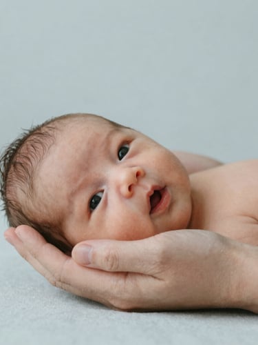 Close-up of hands gently supporting a newborn baby, soft diffused daylight, warm neutral textiles, minimalist editorial photography