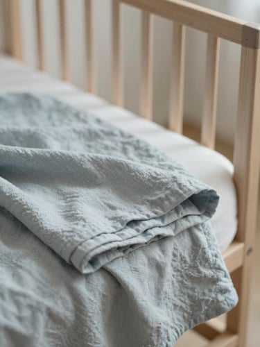 Soft diffused daylight on a folded linen blanket near a wooden crib, peaceful neutral tones, shallow depth of field