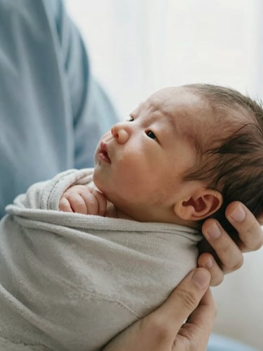 Close-up of hands gently supporting a newborn wrapped in soft neutral textiles, diffused overcast daylight, shallow depth of field