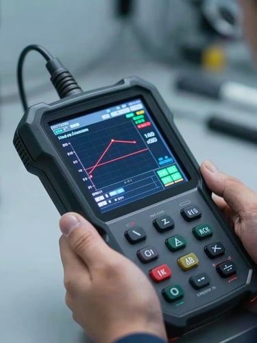 Macro close-up of a modern automotive diagnostic scanner screen displaying real-time live data graphs, high-contrast studio lighting with cool blue tones and a sharp red reflection line, hands-on master technician holding the device in a clean workshop bay.