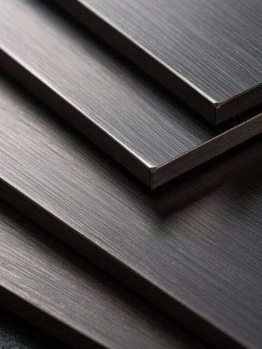 Macro photograph of dark brushed steel plates overlapping with geometric precision, sharp angles, dramatic studio lighting, deep shadows