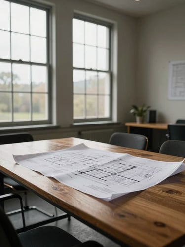 A quiet, natural-light meeting room in an old regional headquarters, soft overcast daylight through tall windows, deep realistic shadows, a solid oak table with architectural blueprints laid out flat.