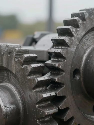 Macro shot of heavy industrial steel gears, softly lit by natural overcast daylight, focus on the metallic texture and precision craftsmanship.
