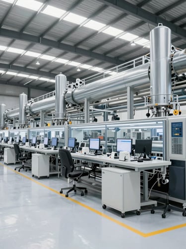 Wide environmental shot of an active, clean German manufacturing shop floor, soft natural overcast daylight streaming through high windows, realistic deep shadows, focusing on precise physical machinery.