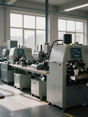 Wide environmental shot of an active, clean German manufacturing shop floor, soft natural overcast daylight streaming through high windows, realistic deep shadows, focusing on precise physical machinery.