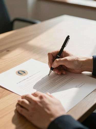 Close-up of hands signing an official certificate on a wooden desk, warm natural morning light, elegant high-contrast institutional photography, 35mm