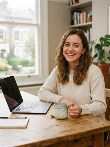 A bright, high-key portrait of a young professional sitting at a wooden dining table in a sunlit London flat, smiling, with a laptop and a ceramic mug, soft natural light, 35mm.