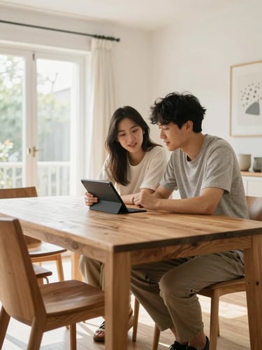 Bright natural photography of a young couple sitting at a modern wooden dining table in a sunlit UK home, talking and looking at a tablet together, soft daylight, 35mm