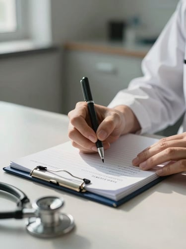 Close-up of a specialist's hands writing clinical notes on a notepad resting on a consultation desk, soft north-facing daylight entering from the left, a stethoscope partially visible at the edge of the frame, muted clinical interior background