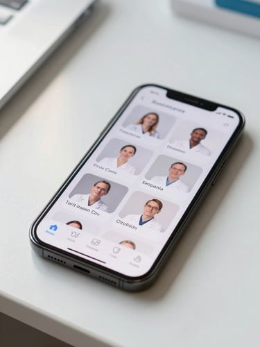 Close-up overhead of a smartphone screen on a white clinical surface showing a clean specialist selection interface, soft north-facing daylight from the left, no hands visible, minimal clinical environment