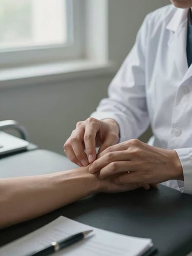 Close-up of a dermatologist's hands examining a patient's forearm on a clinical examination table, soft north-facing daylight through a narrow window, the doctor's pen resting on a white notepad in the lower corner, muted clinical setting with no visible faces