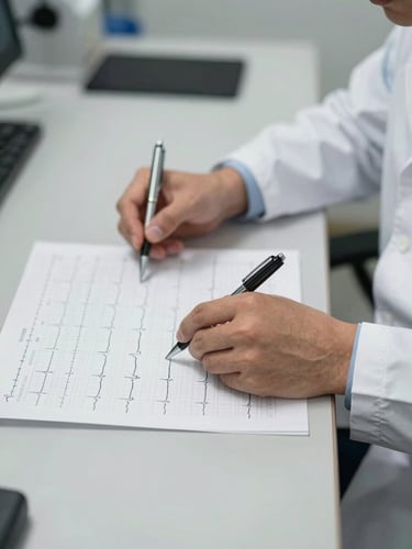 Close-up medium shot of a cardiologist seated at a desk, pen in hand, studying an ECG printout laid flat — overhead clinical lighting, hands and paper in sharp focus, white coat sleeve visible at the edge of the frame