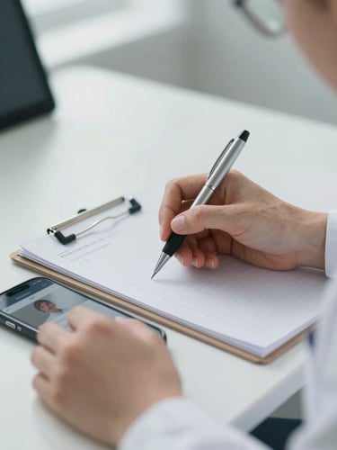 Portrait close-up of a specialist's hands holding a pen over a medical notepad beside a smartphone showing a consultation screen, soft diffused north-facing daylight, clinical white surface, no faces visible