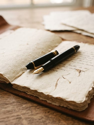 Tactile detail of a fountain pen resting on a heavy parchment notebook, soft natural window light, muted neutral tones, shallow depth of field, 35mm film grain