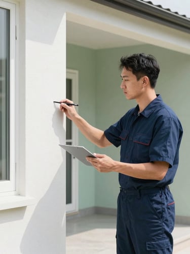 A professional technician in a clean navy uniform inspecting a modern home exterior perimeter in bright, high-key daylight, 35mm photography