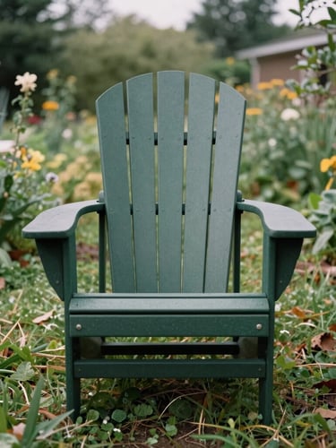 Straight-on, eye-level product portrait of a heavy-gauge dark green Adirondack chair in a lush, slightly overgrown northern garden under soft overcast daylight, 35mm