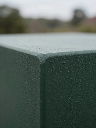 Close-up of weather-resistant dark green textured resin material, soft overcast daylight, shallow depth of field, 35mm