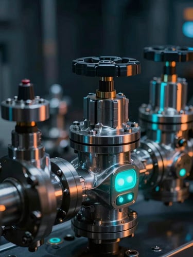 Extreme macro shot of a heavy industrial pneumatic valve manifold, electric cyan LED status lights reflecting on clean metallic surfaces, dark high-tech environment, sharp 50mm lens focus.