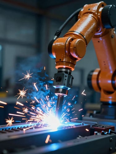 Extreme close-up of an industrial robotic arm welding with bright electric sparks, cool blue LED ambient lighting, dark high-tech factory background, macro detail, 50mm lens