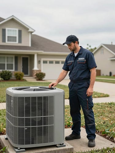 Wide shot of an HVAC service technician in a branded uniform inspecting an outdoor unit on a residential property, midday overcast light, suburban house in the background, no staging