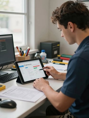 Wide shot of a small HVAC service company's dispatch office, natural window light from the left, a technician reviewing a tablet showing a Google Business Profile dashboard, cluttered but authentic workspace with tools and paperwork in the background