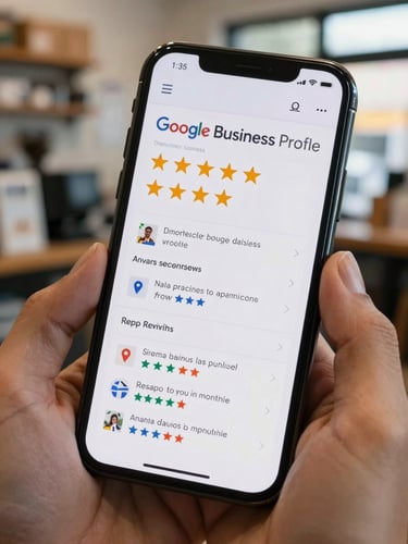 Phone screen showing a Google Business Profile page with star ratings, recent reviews, and map pin visible, held in hand inside a real small business environment, natural light