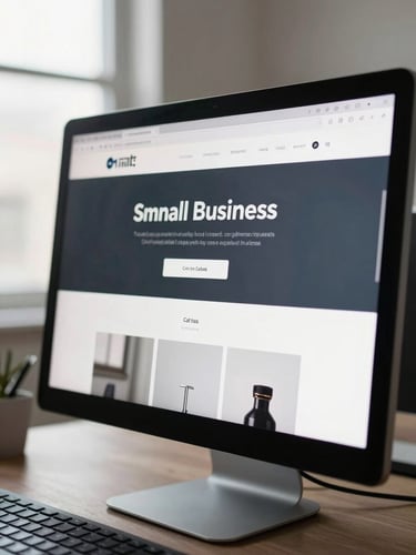 Close-up of a desktop monitor showing a clean small-business website homepage with a prominent call-to-action button, natural office light from a side window, keyboard partially visible in the foreground