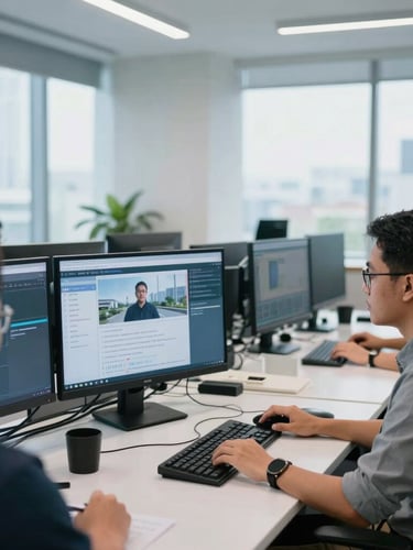 Professional editorial photography of a modern digital newsroom in Jakarta, journalists working at desks with multiple screens, crisp natural light, cool blue tones, 35mm lens.