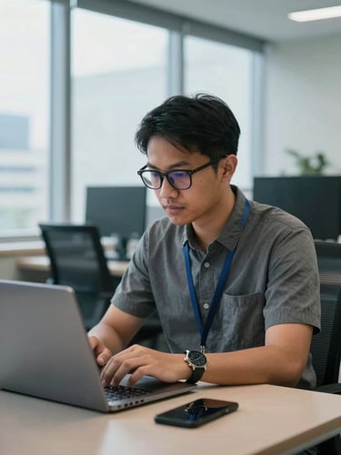 A professional Indonesian journalist working on a laptop in a modern Jakarta newsroom, soft natural window light, cool tones, 35mm lens.