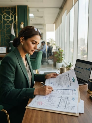 Professional Pakistani tax consultant reviewing FBR documents in a modern office, bright daylight, gold and green accents, sharp focus, editorial style