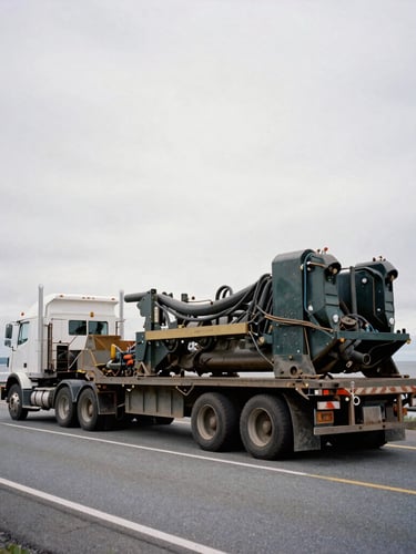 Industrial documentary photography of a large flatbed truck carrying heavy machinery driving on a highway, with a New England coastline visible in the background, overcast daylight, gritty desaturated tones, low-angle wide shot, 35mm film grain