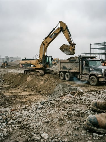 Low-angle wide shot of a yellow excavator and a heavy transport truck on an active construction site, overcast daylight, gritty desaturated tones, 35mm film grain, steel-toed boots on gravel in foreground right.
