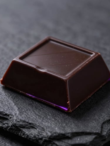 Extreme close-up of a glossy, geometric dark chocolate break with a thin violet neon rim light, resting on a textured slate surface, dark-key, macro lens, 85mm