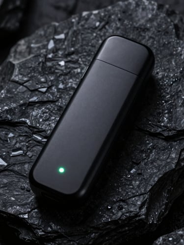 Overhead macro shot of a sleek matte black disposable vape pen with a subtle glowing green indicator light, resting on obsidian stone, dramatic studio lighting, deep shadows