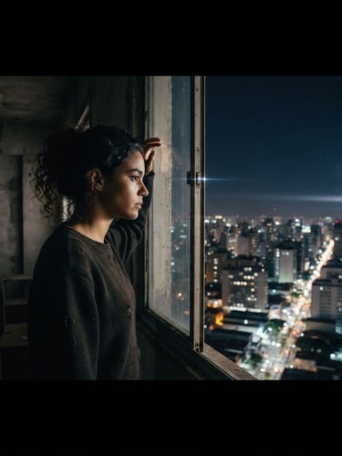 Cinematic film still from Margem Derivada, a young woman looking out of a concrete apartment window at the sprawling nocturnal São Paulo skyline, dramatic low-key lighting, anamorphic lens flare, high contrast, rich color grading, moody atmosphere.