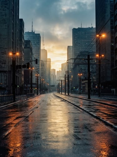 Cinematic film still of a deserted São Paulo street at dawn, misty golden light reflecting on wet asphalt, 35mm texture, high contrast