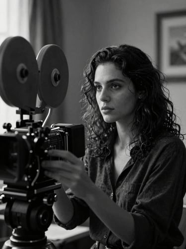 Cinematic portrait of director Clara Mendes behind a 16mm camera, soft natural light, moody black and white