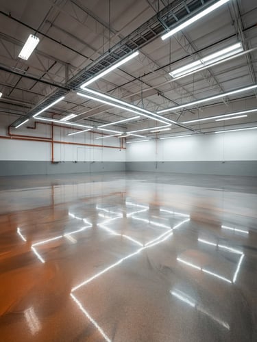 A pristine coated garage floor with a metallic titanium finish, bright overhead utility lighting reflecting off the surface, clean and empty space, 35mm.