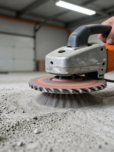Close-up of an industrial concrete grinding machine with diamond tooling spinning, dustless vacuum hose attached, concrete dust being swept away to reveal clean porous concrete