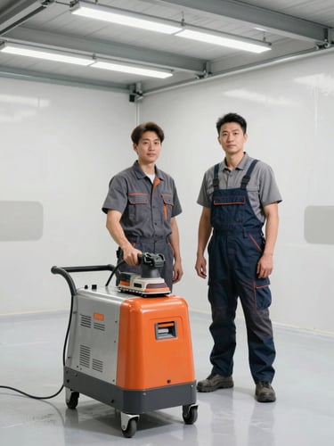 Two professional concrete coating technicians in clean uniforms standing next to their dustless grinding equipment inside a bright modern garage, confident and professional