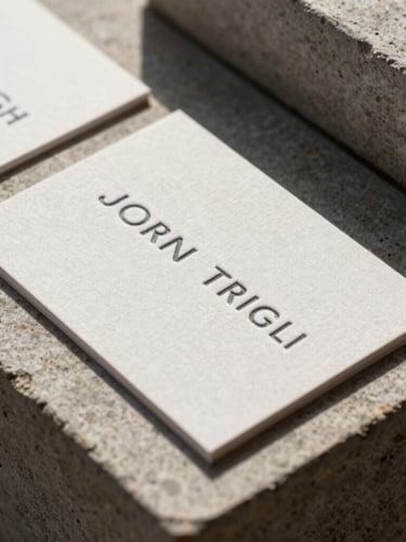 Extreme close-up of deeply embossed heavy cotton business cards resting on a textured stone block, sharp directional sunlight casting clean geometric shadows, architectural precision.