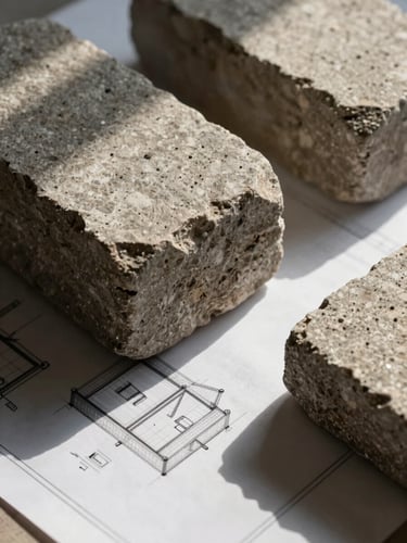 Close-up of tactile materials, rough-hewn stone blocks resting on crisp architectural blueprints, sharp directional morning light.